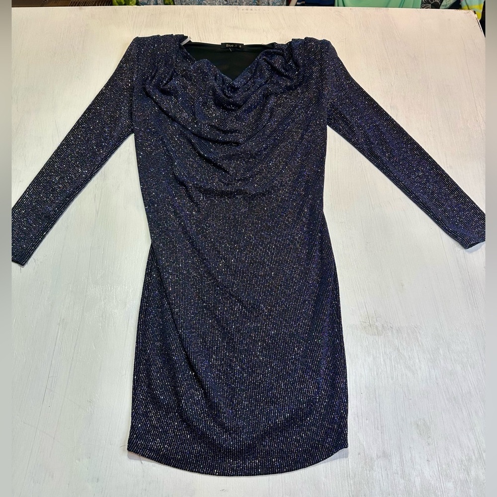 Y2K Navy Metallic Bodycon Dress Cowl Neck Night Out Glam Size S Made In USA - Picture 2 of 10